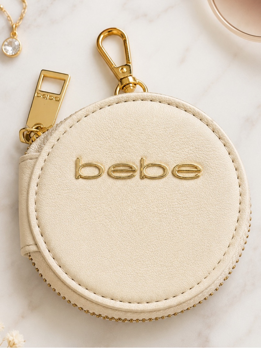 Bebe Round Coin Pouch Ivory Faux Leather Keychain Wallet with Gold Hardware